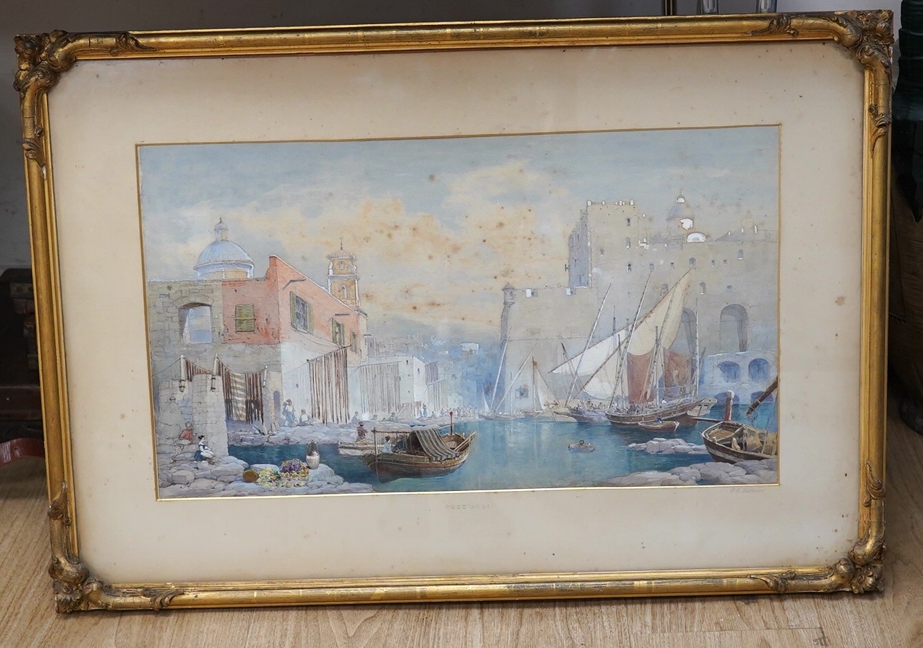 George Henry Andrews (1816 - 1898), heightened watercolour, ‘Pozzuoli’, signed to the mount, 33 x 59cm, gilt framed. Condition - poor